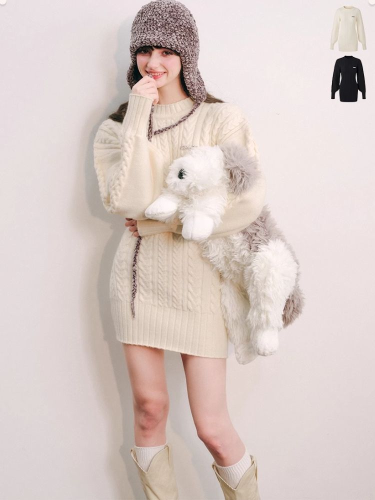 Warm Plush Slim Waisted Long Sleeve Knit Dress【s0000004441】