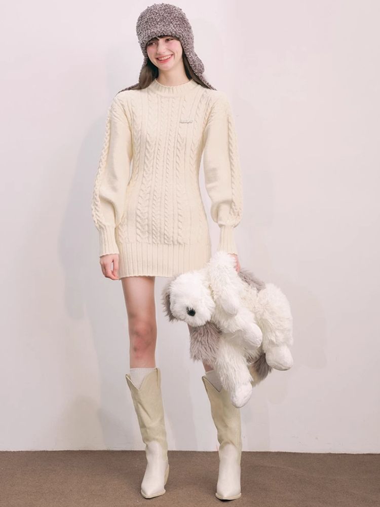 Warm Plush Slim Waisted Long Sleeve Knit Dress【s0000004441】