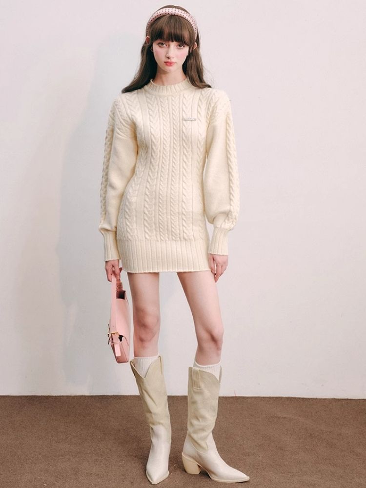 Warm Plush Slim Waisted Long Sleeve Knit Dress【s0000004441】