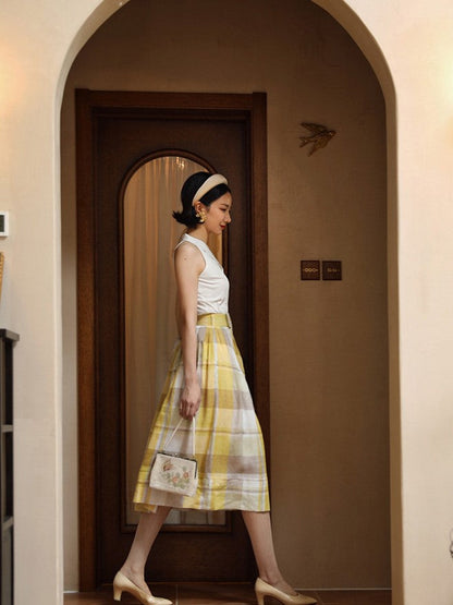 Pale yellow plaid retro umbrella skirt