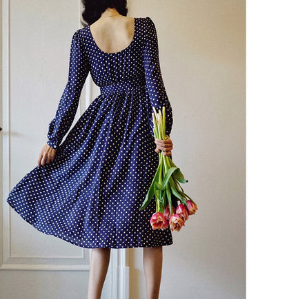 Lapis navy blue polka dot vintage dress