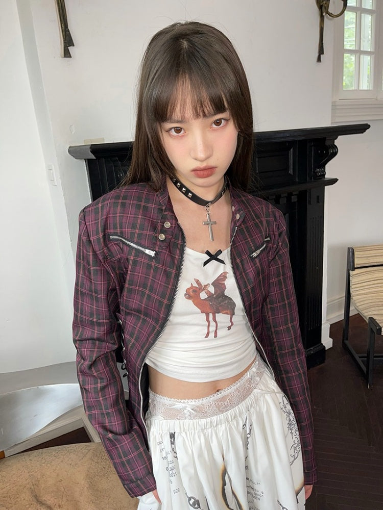 Plaid Zipper Short Jacket & Patch Pocket Long Skirt【s0000003884】