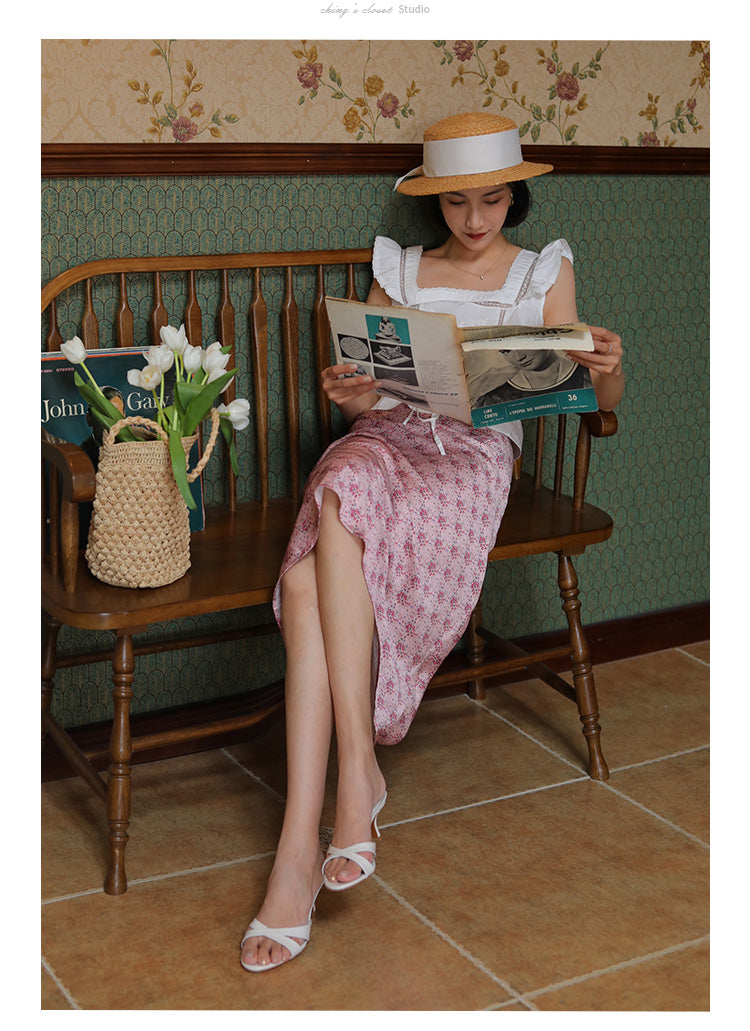 Pink flower pattern french skirt