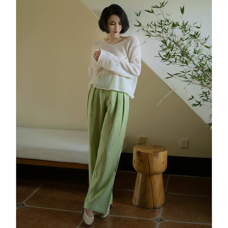 Yellow Light Green Lady Wide Leg Linen Pants