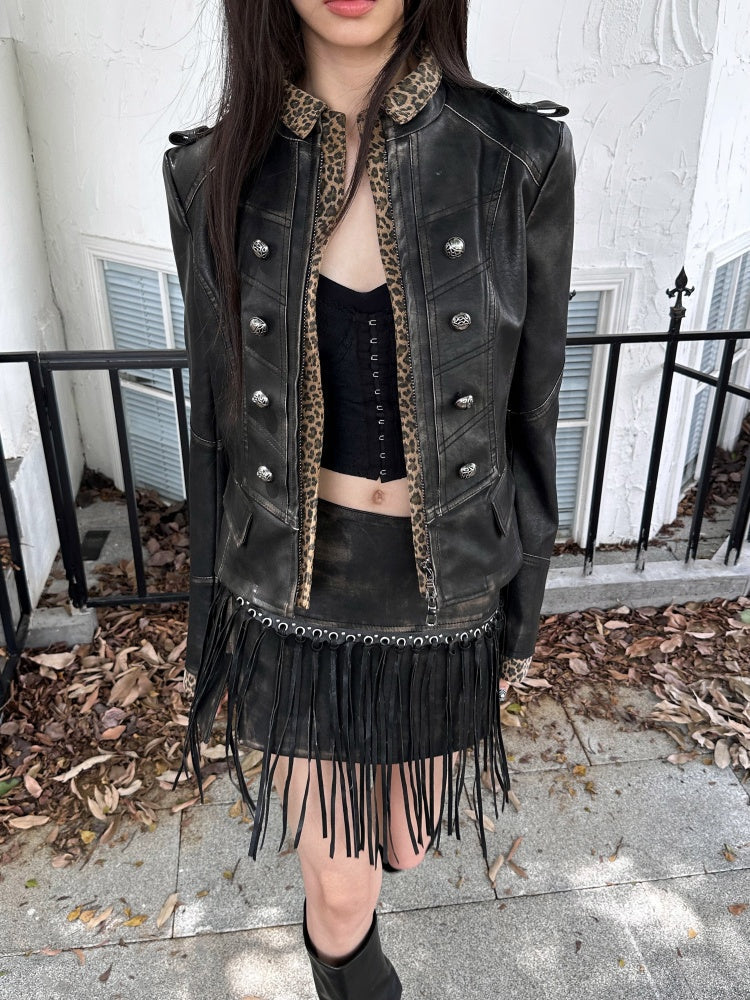 Leopard Pattern Splicing Leather Jacket & Wide Pants【s0000004172】