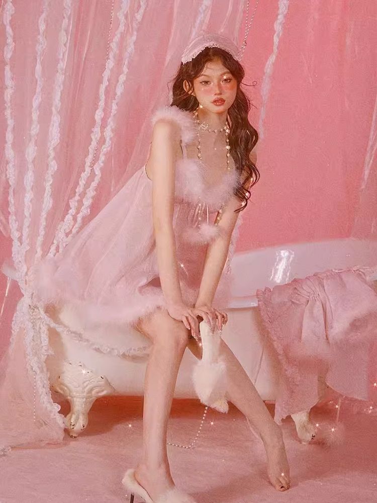 Sexy Pajamas Pink Halter Dress Robe Set【s0000006583】