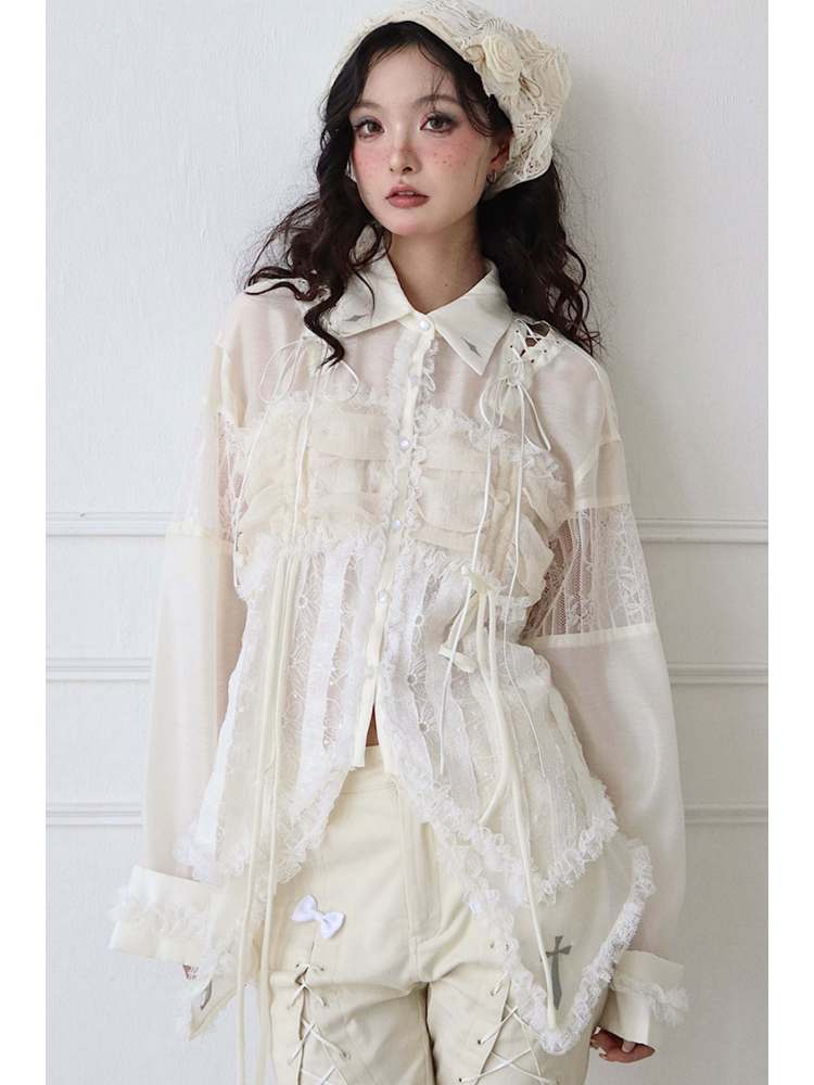 Lace-Up Crosses Embroidery Chiffon Lace Trim Shirt【s0000008151】