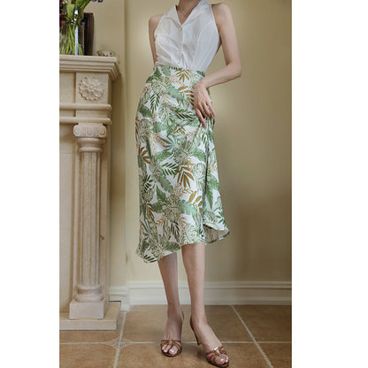 Jungle Leaf Shade Pattern Slim Skirt