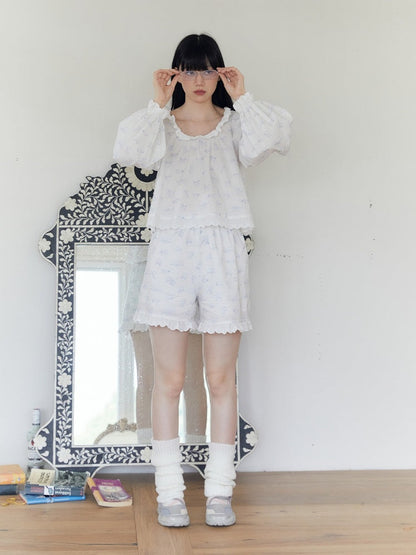 French Blue Kitten Print Relax Room Wear Set【s0000003571】