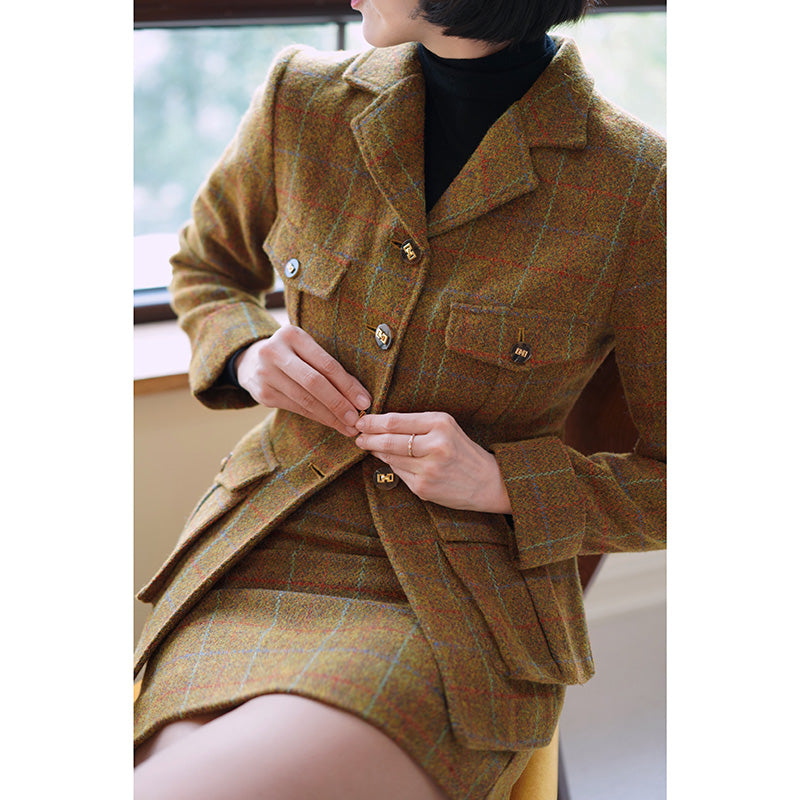 Gray-yellow-green plaid tweed jacket and tweed skirt