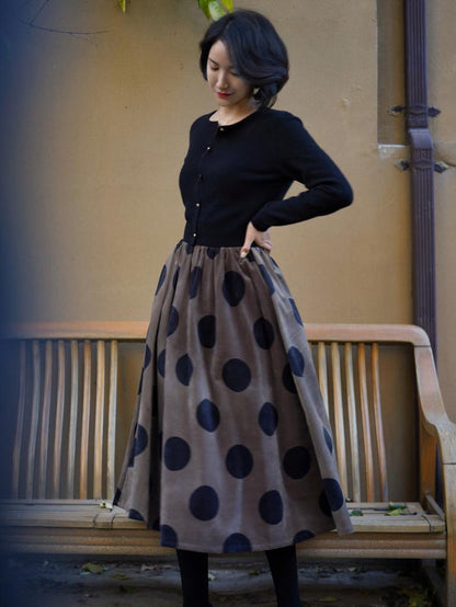 Birch brown polka dot velvet umbrella skirt