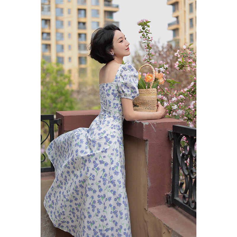 Blue Floral Pattern French Retro Dress