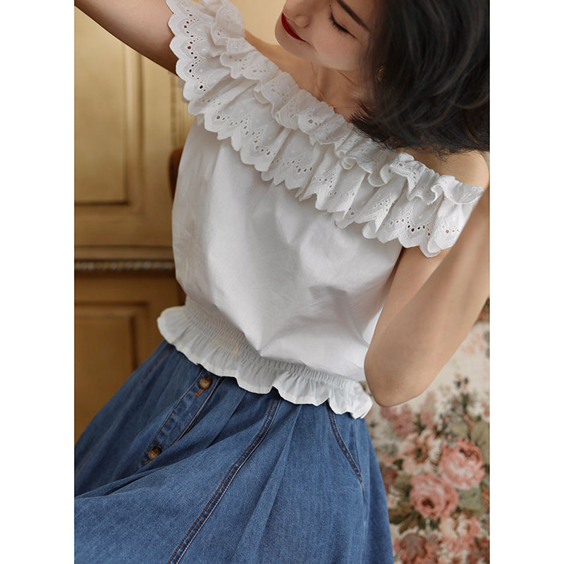 Pure white embroidery off-shoulder blouse