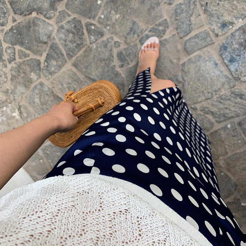 Navy blue polka dot asymmetric skirt