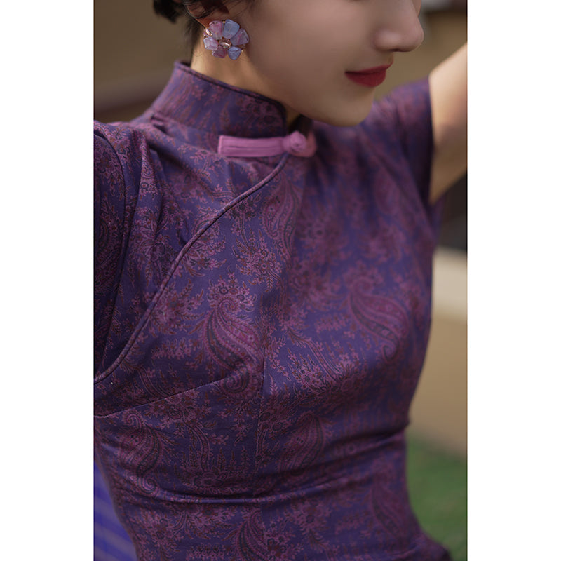 purple floral cheongsam dress