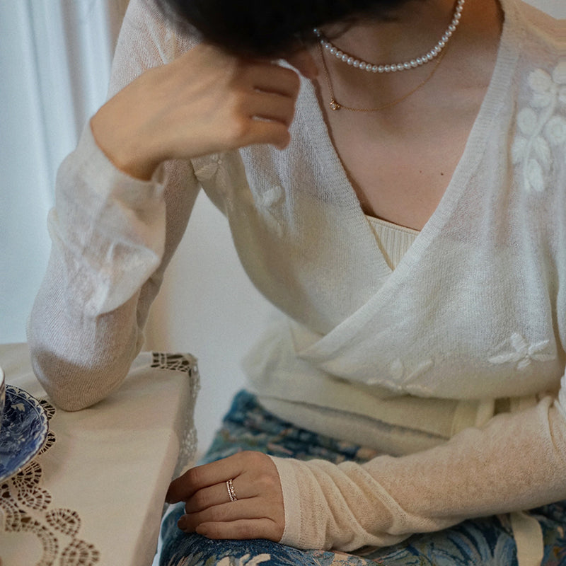 Floral embroidery white knit cardigan