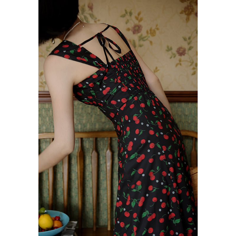 Jet black fruit print retro dress