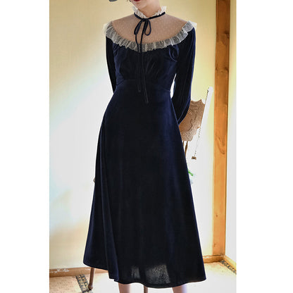 Dark blue lady velvet dress