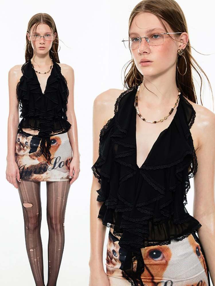 Halter Neck Ruffle Lace Backless Tops【s0000009159】