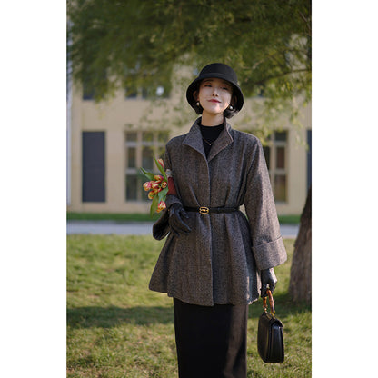 Black lady herringbone wool coat