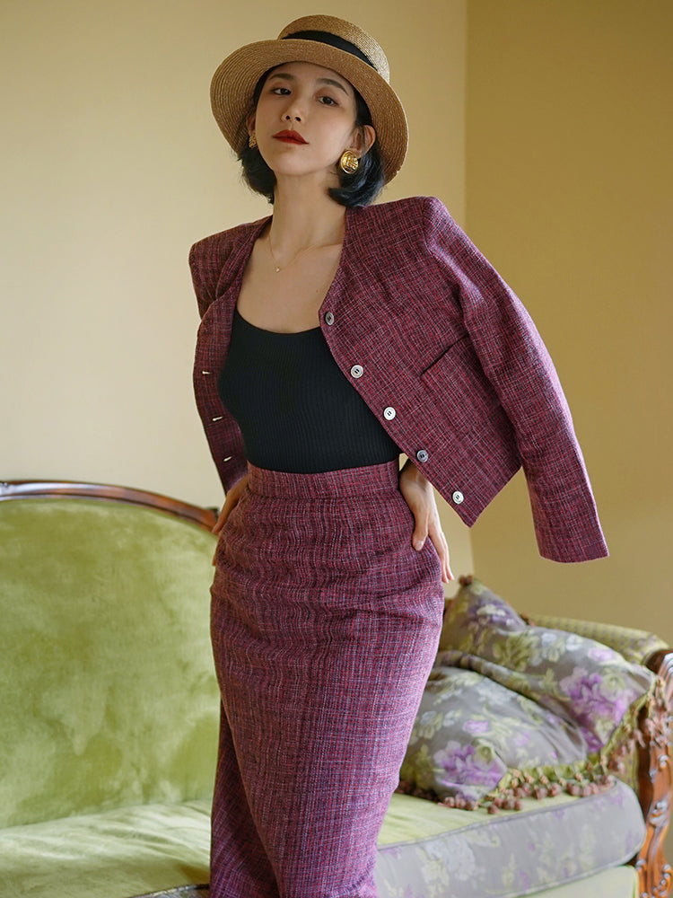 Blue-purple lady tweed jacket and classical skirt