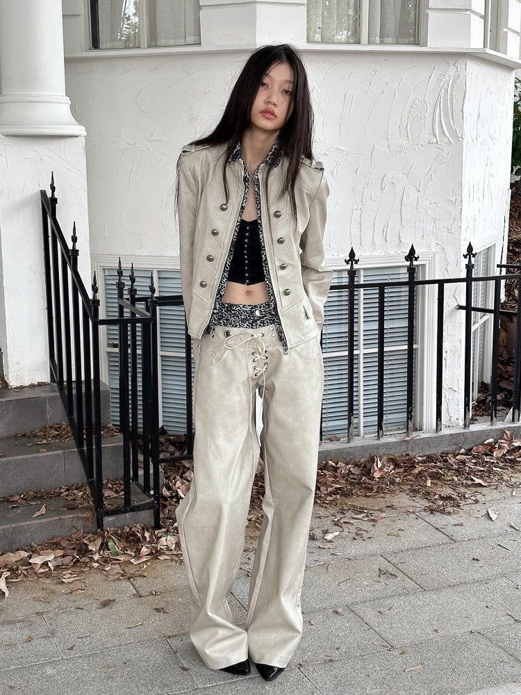 Leopard Pattern Splicing Leather Wide Pants【s0000004171】