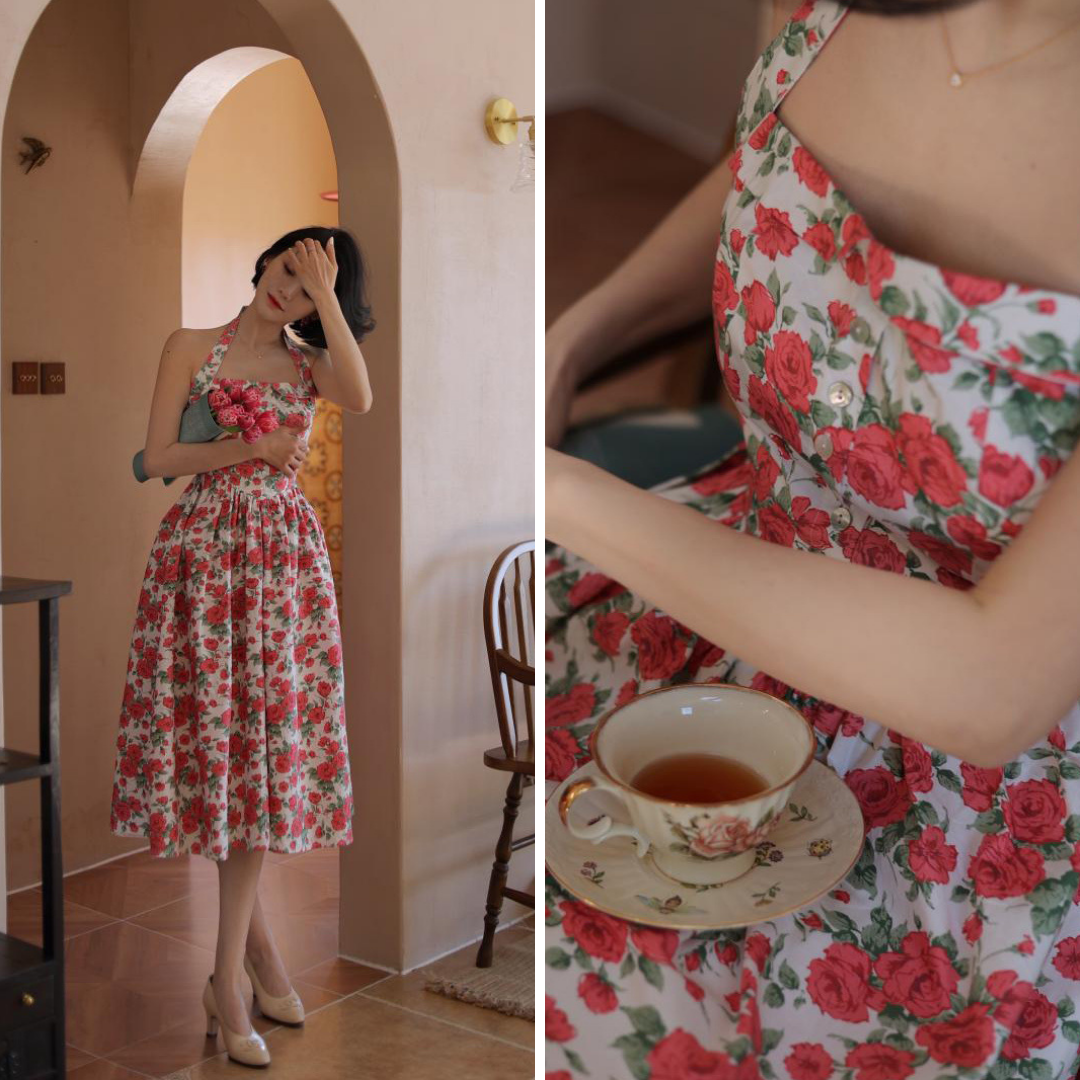 Crimson Rose Flower Retro Dress