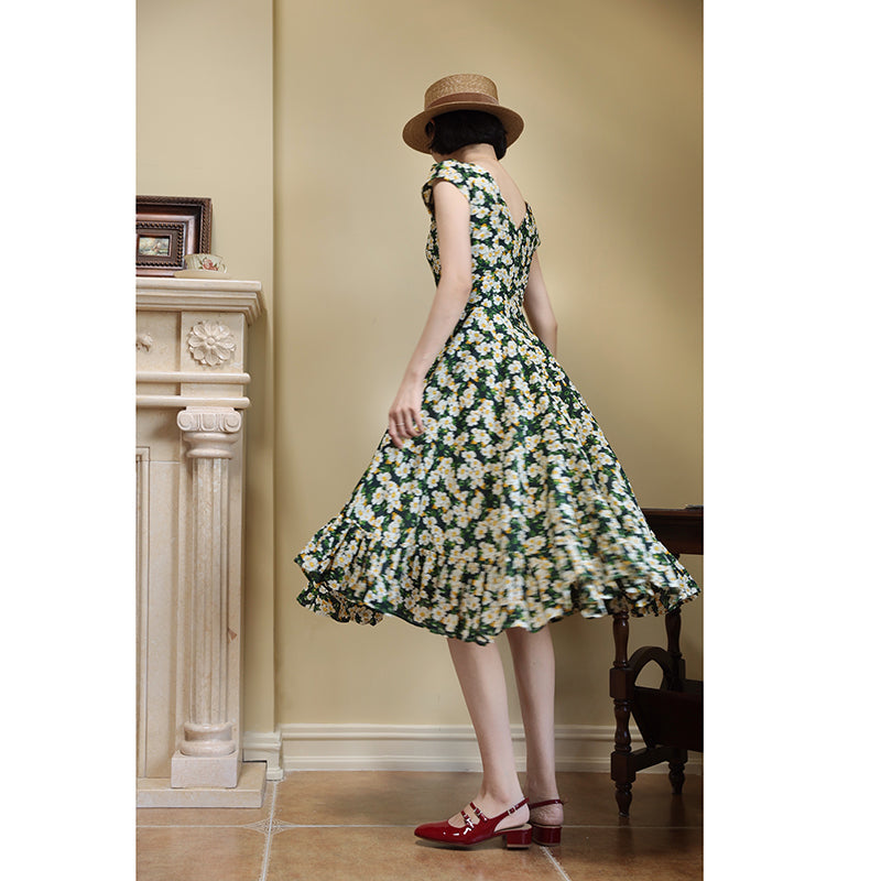 Dark Green Flower Crowd Hepburn Dress