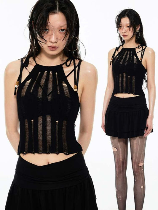 Mesh Knit Beaded Strap Tank Top【s0000009178】