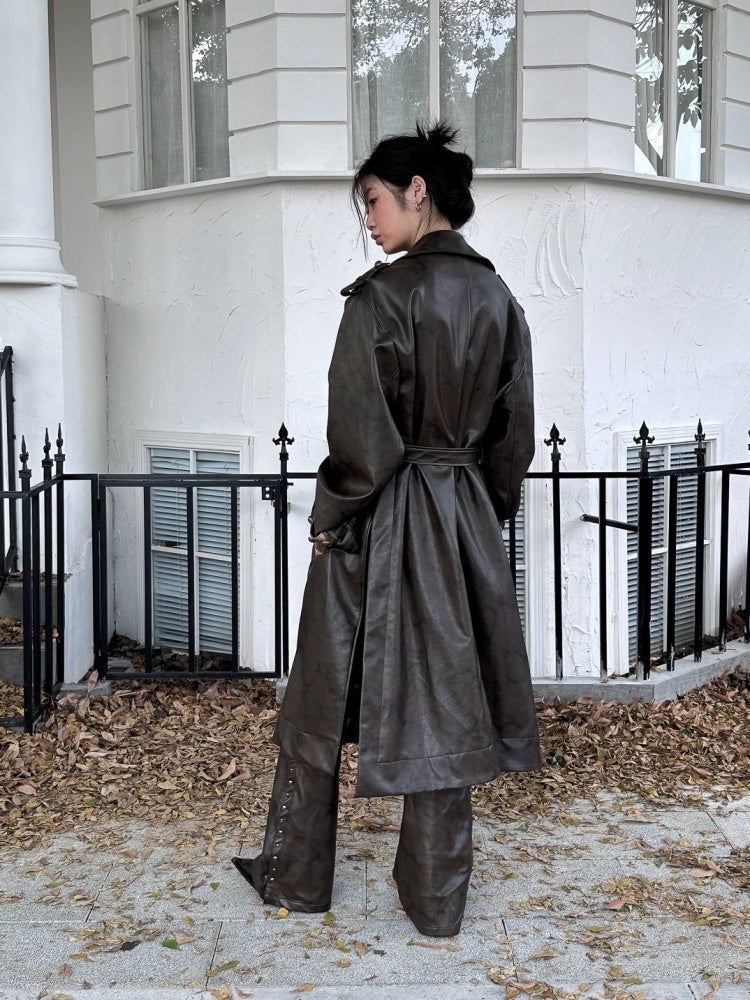 Plaid Splicing PU Leather Double Breasted Long Jacket【s0000004160】