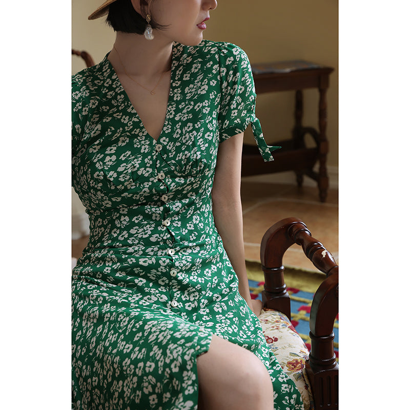 Green Bouquet French Retro Dress