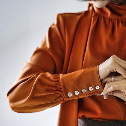 Red birch ribbon satin blouse