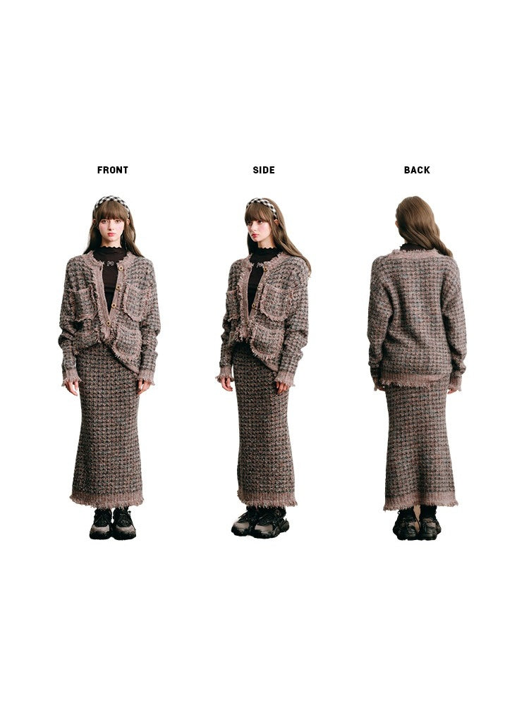 Knitted Fringe Cardigan Jacket With Stole ＆ Long Skirt【s0000003854】