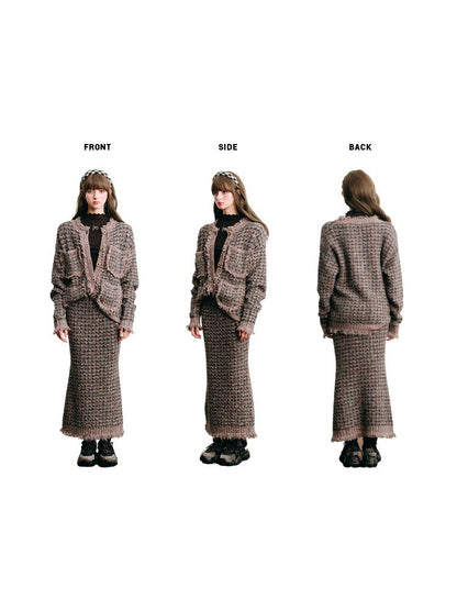Knitted Fringe Cardigan Jacket With Stole ＆ Long Skirt【s0000003854】