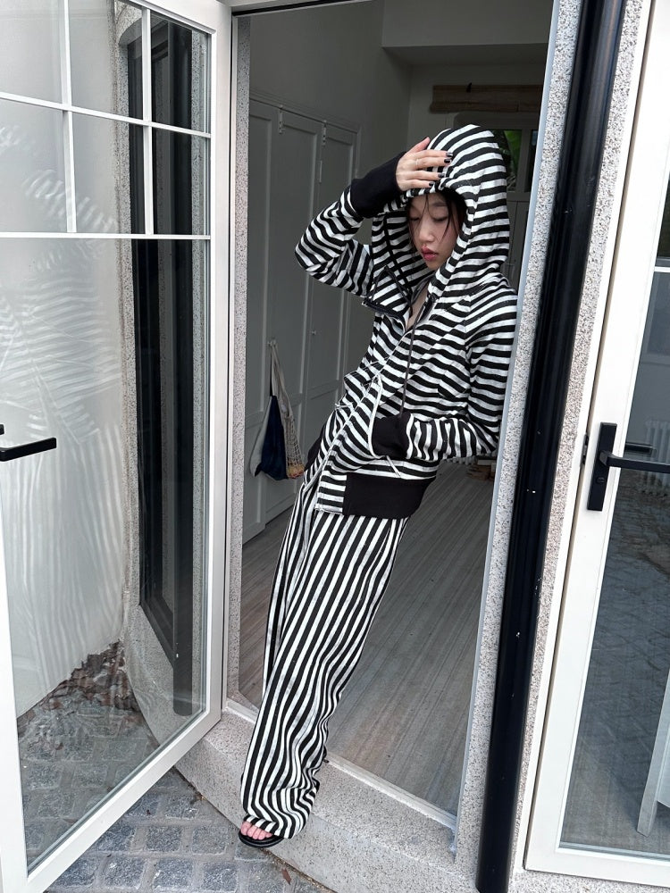 Striped Zipper Hooded Sweat Jacket & Pants Setup【s0000004162】