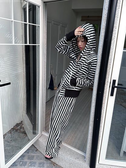 Striped Zipper Hooded Sweat Jacket & Pants Setup【s0000004162】