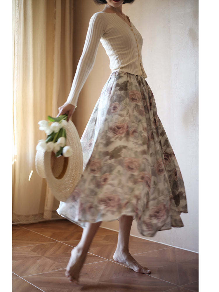 Oil painting rose pattern retro skirt