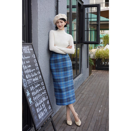 Blue indigo plaid wool tight skirt