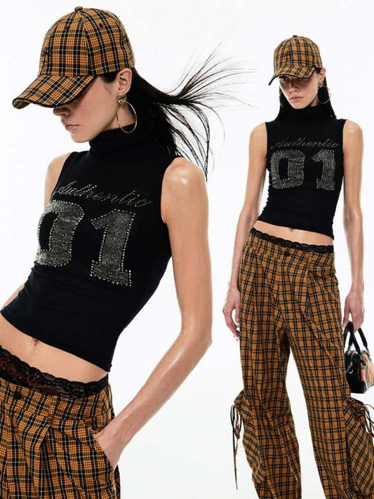 Rhinestone Numbers High Neck Mesh Vest【s0000009180】