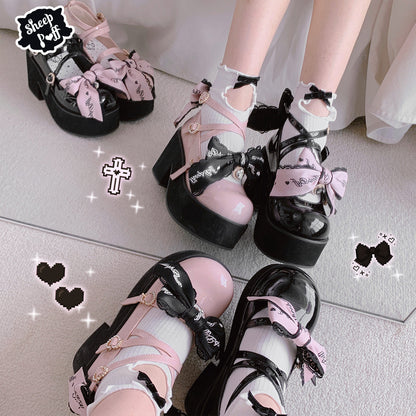 Sheep Puff - Black Pink Japanese Lolita Thick Heel Shoes