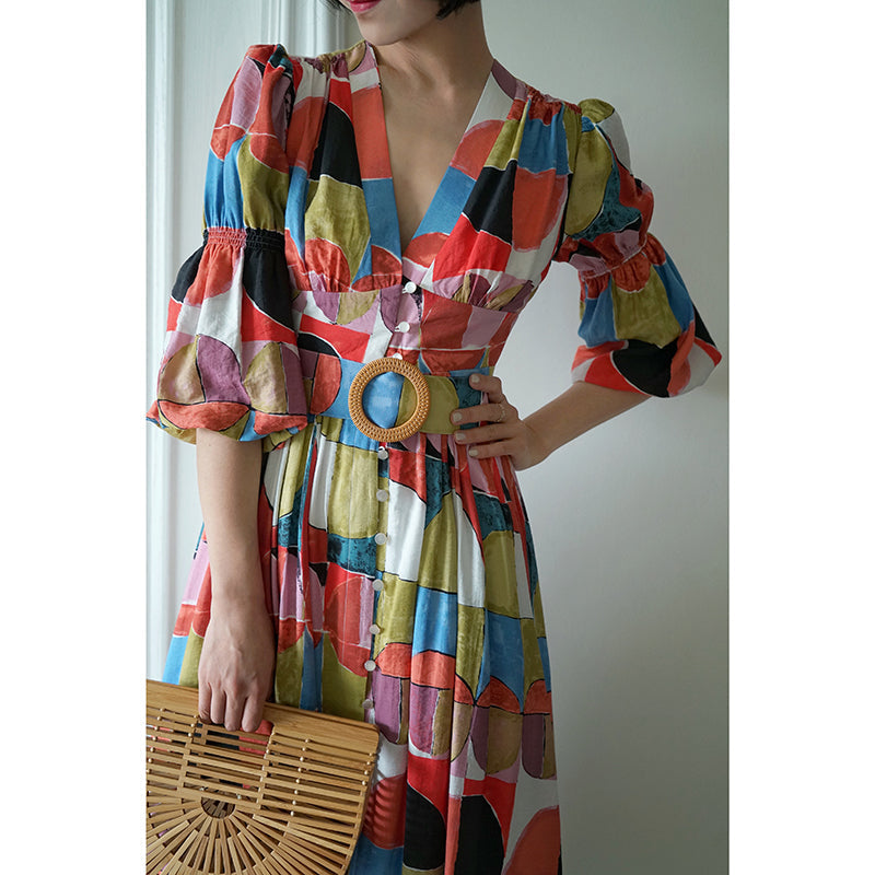 Geometric pattern oil painting dress