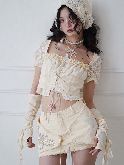 Butterfly Decorated Lace-Up Puff Sleeves Tops【s0000008147】