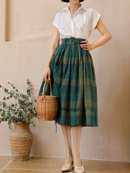 Dark green plaid retro umbrella skirt