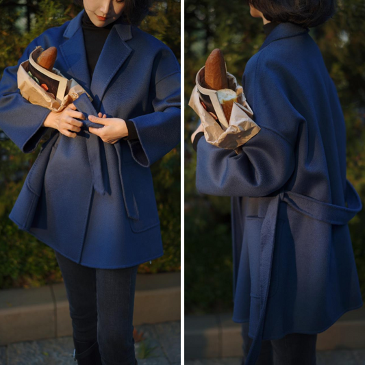 Navy Blue Lady Classical Middle Wool Coat