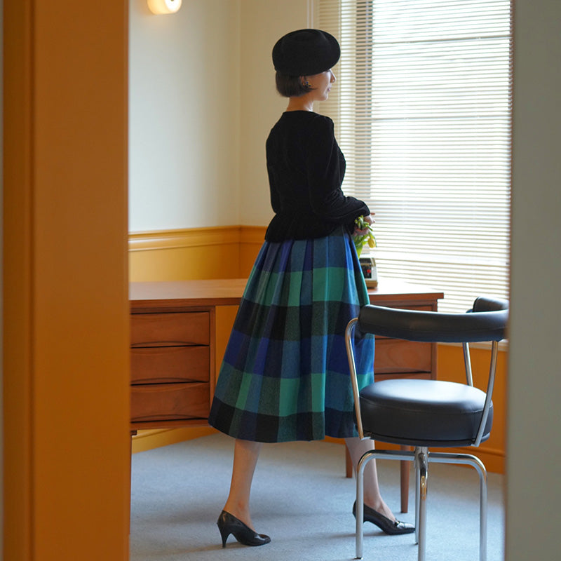 Indigo Green Plaid Retro Umbrella Skirt