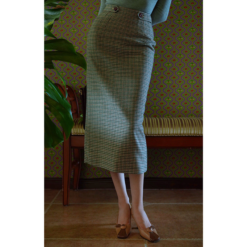 Blue-green houndstooth tweed tube skirt