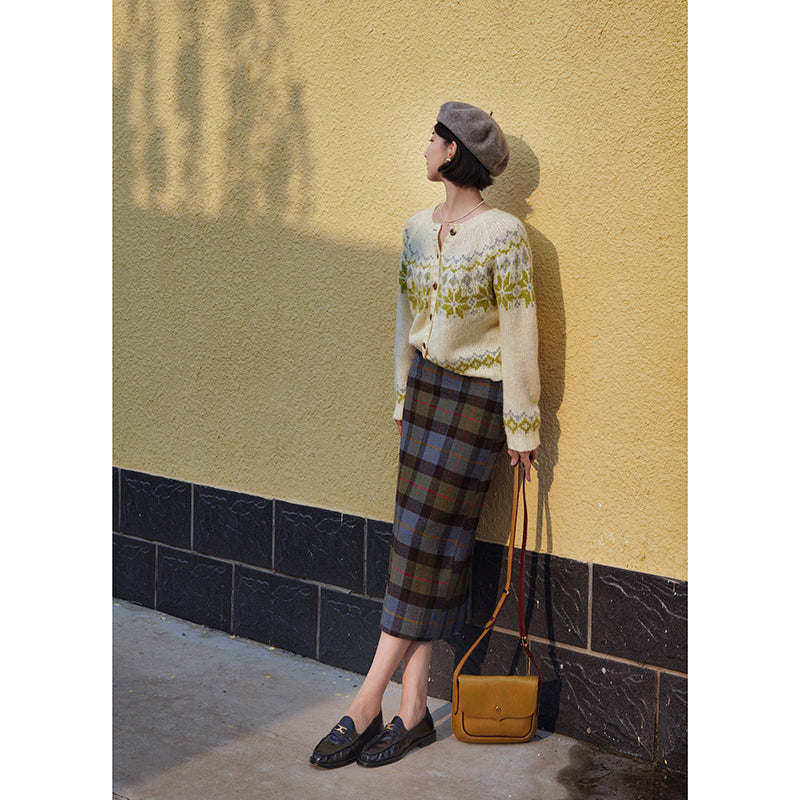 Ink green plaid wool tight skirt