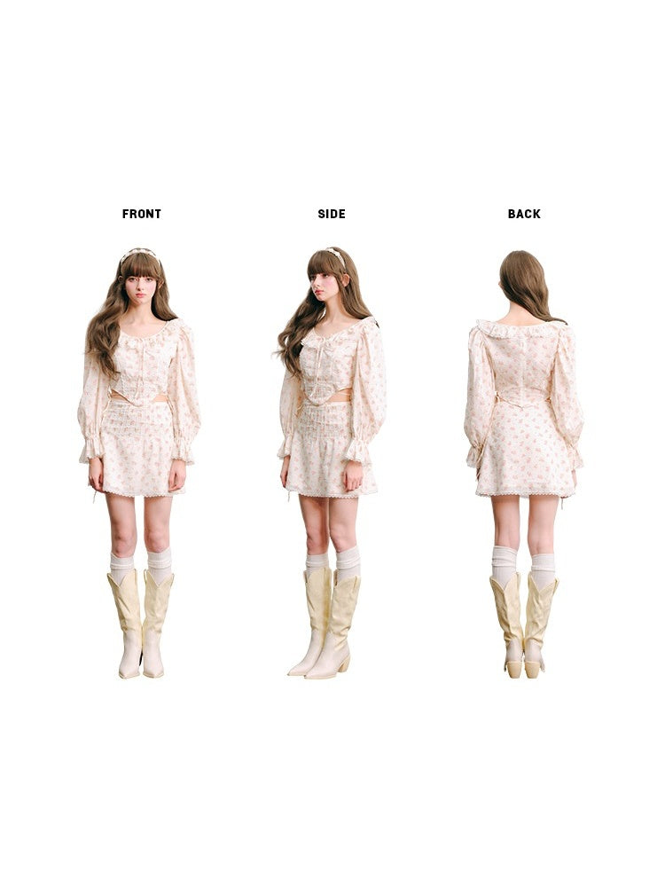 Floral Frill Collar Cropped Shirt ＆ A-Line Mini Skirt【s0000003850】