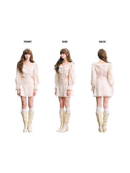 Floral Frill Collar Cropped Shirt ＆ A-Line Mini Skirt【s0000003850】