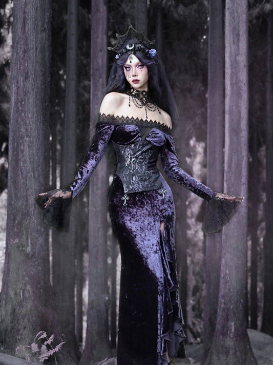 Gothic Velvet Off Shoulder Fish Tail Long One Piece【s0000003867】